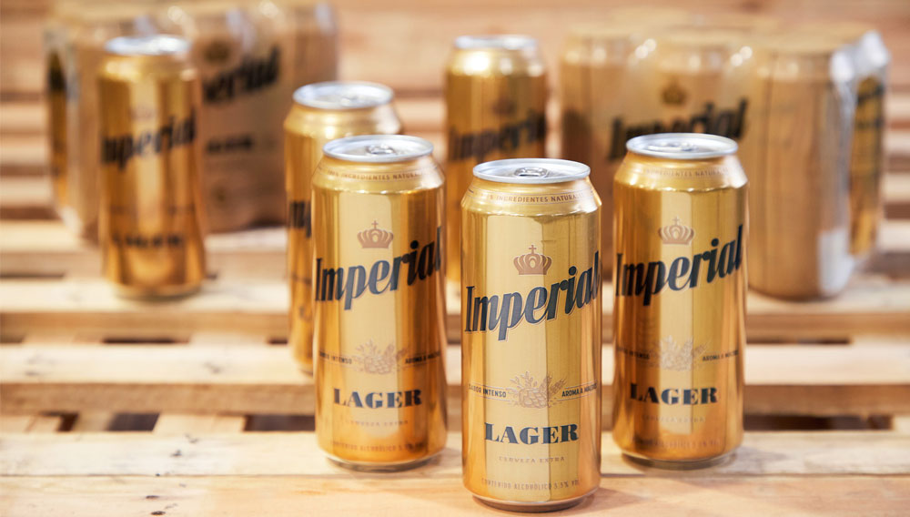 Golden Imperial Premium lager cans on a wooden pallet