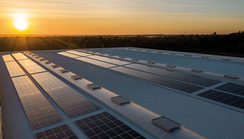 Solar panels on flat roof at sunset (Image: Nuno Marques on Unsplash)
