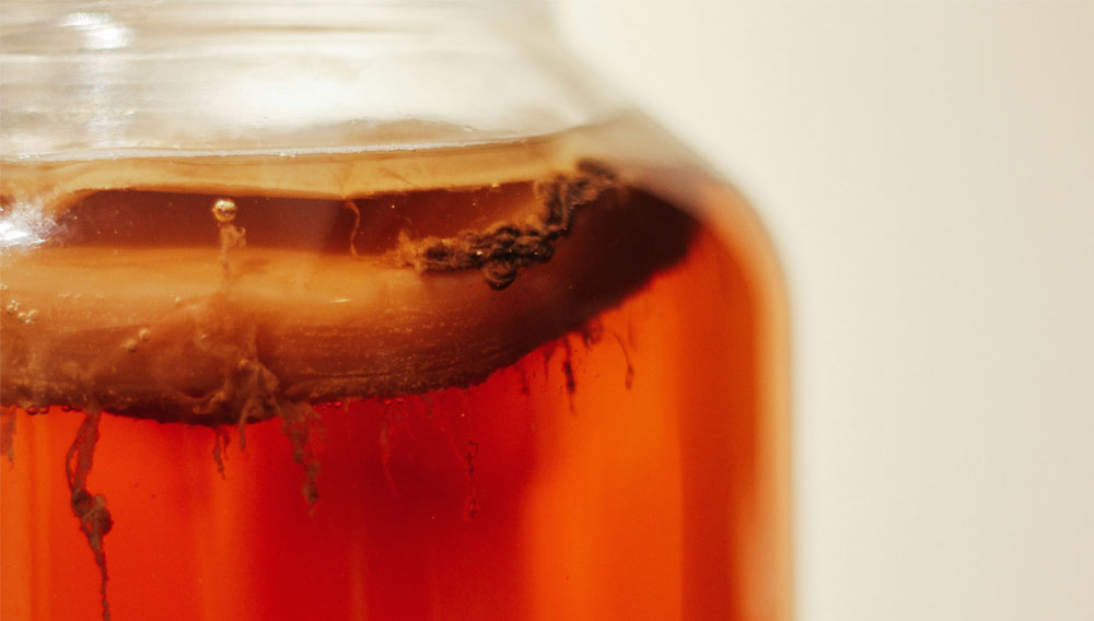 Brown liquid and SCOBY in a preserving jar (Photo: Tim Oliver Metz on Unsplash)