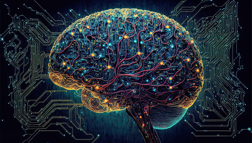 Abstract representation of a brain in front of circuits and a black background (Source: Kohji Asakawa on Pixabay)