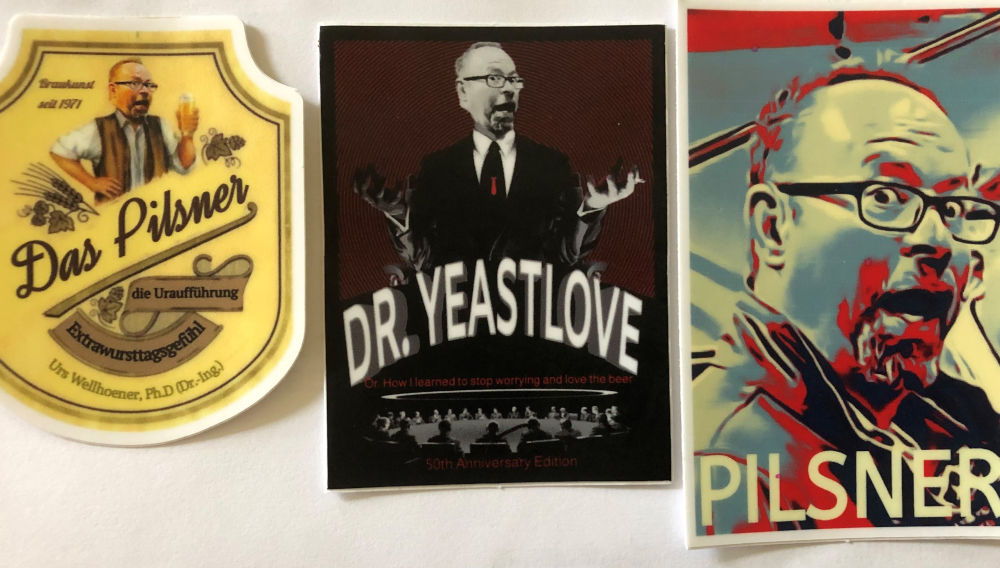Birthday stickers for the beer Dr. Urs Wellhoener, Technical Director Brewing Innovation at The Boston Beer Company, brewed for his 50th birthday using yeast discovered by his grandfather
