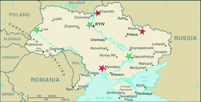 Map showing brewery locations of Carlsberg (green) and AB InBev Efes (red) in Ukraine