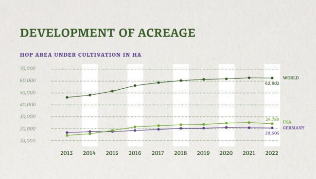 Development of global hop acreage (Source: BarthHaas Report 2023)