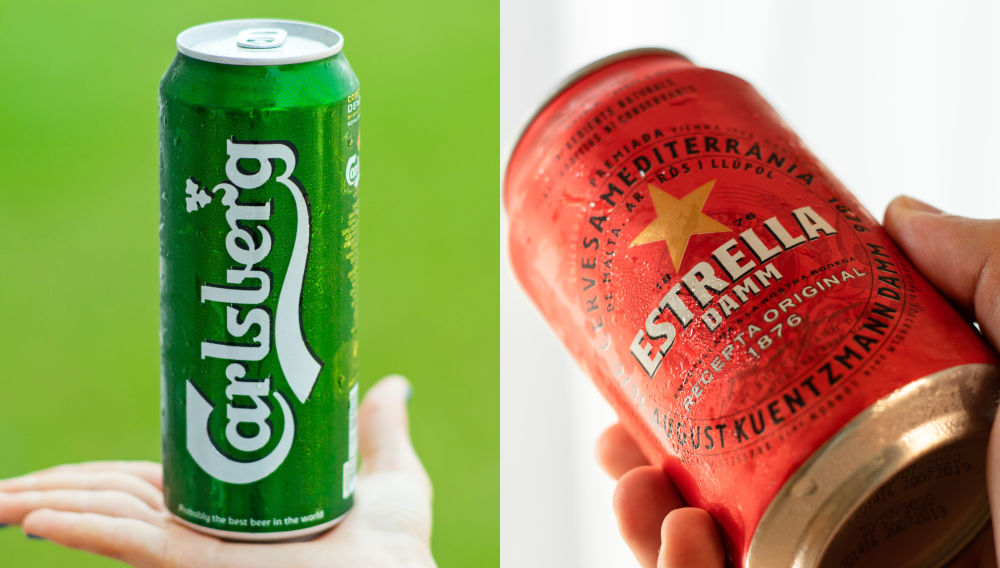 Green Carlsberg can and red Estrella can by Damm (Left: Photo by Engin Akyurt on Unsplash; right: Photo by Nestor Cañizalez on Unsplash)