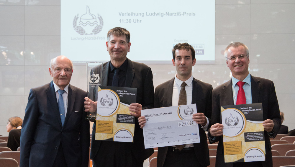 The winners of the 2017 Ludwig Naziß Award were also announced at the drinktec (f. l.): laudator L. Narziß with T. Kunz, P. C. Wietstock, and F.-J. Methner
