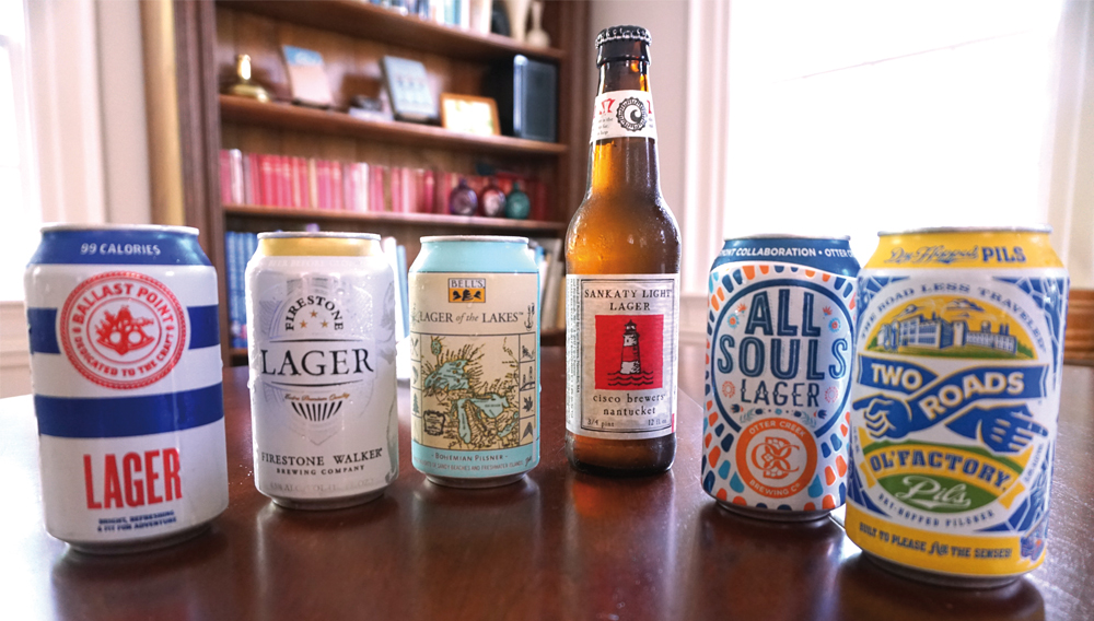A selection of six craft lager beers of well-known US craft breweries