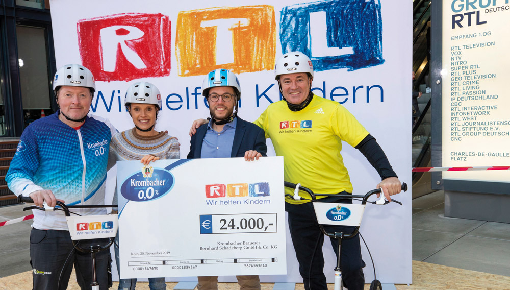 : Krombacher o,0% Team steuerte bei Spendenmarathon am 21.11.2019 24000 EUR für „Stiftung RTL – Wir helfen Kindern e.V.“ bei