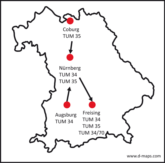 Herkunft und Wege der Hefestämme TUM 34 und TUM 35 dargestellt auf einer Bayern-Landkarte
