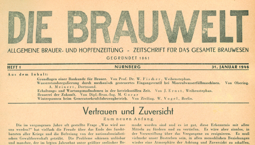 Das Cover der ersten Nachkriegsausgabe der BRAUWELT vom 31. Januar 1946