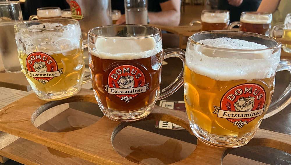 Drei Bierkrüge der Domus-Brauerei mit verschiedenen Bieren