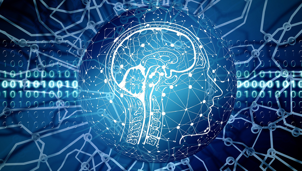 Künstliches Gehirn vor blau-weißem Hintergrund, sammelt viele binäre Daten (Quelle: Gerd Altmann auf Pixabay)