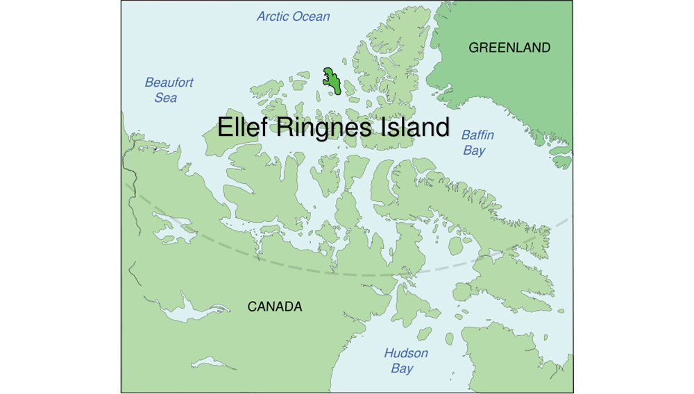Landkarte der nordamerikanischen Polarregion mit Ellef-Ringnes-Island (Foto: Kennonv, CC BY-SA 3.0 , via Wikimedia Commons; https://commons.wikimedia.org/wiki/File:Ellef_Ringnes_Island.png)
