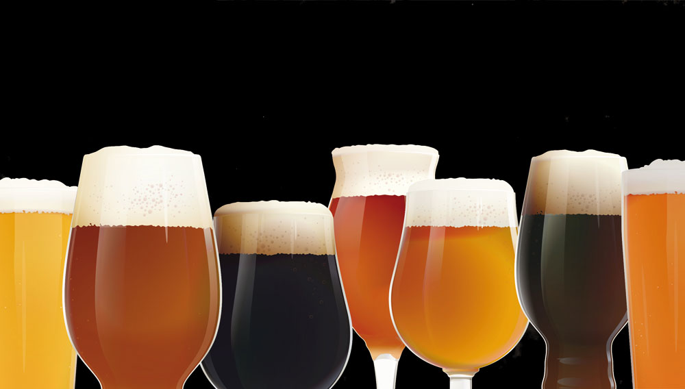 Verschiedene stilisierte Biergläser mit unterschiedlichen Biersorten vor schwarzem Hintergrund