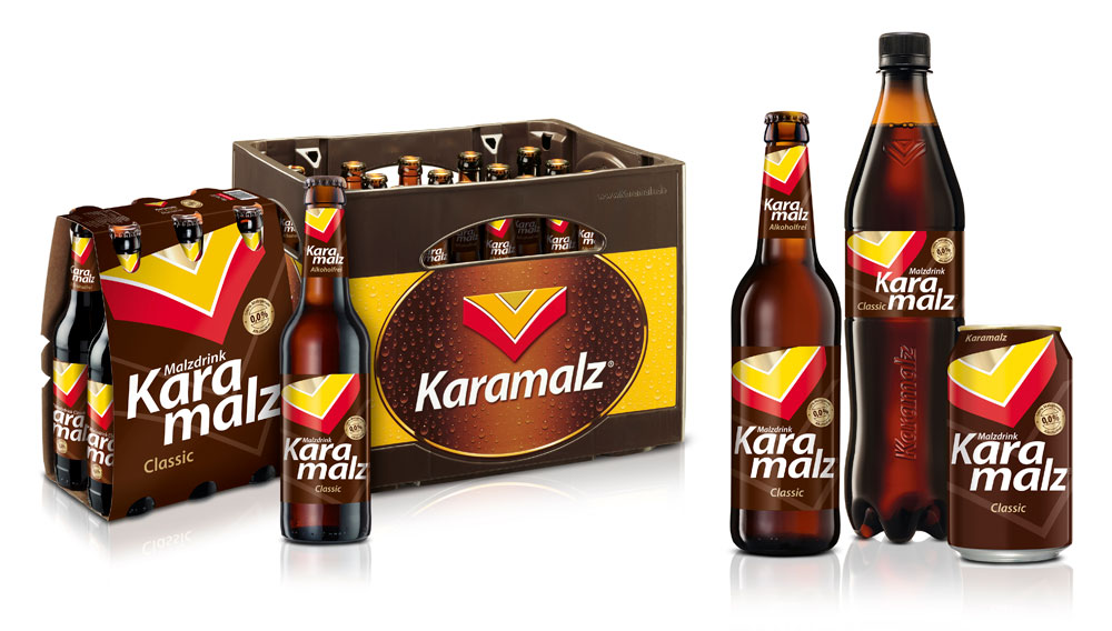 Malztrunk der Marke Karamalz in verschiedenen Gebinden und Verpackungen