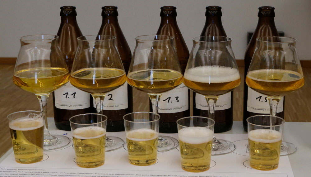 Bierflaschen und Verkostungsglaeser bei einer Bierverkostung