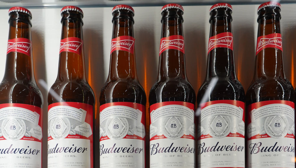 Sechs Budweiser-Flaschen in einer Reihe (Foto: Liv Hema auf Unsplash)