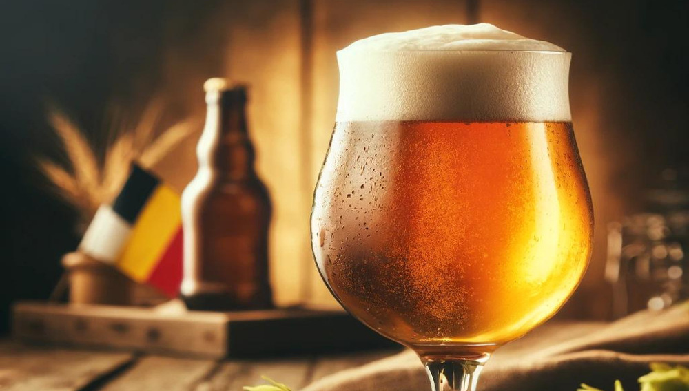 Ein Bierglas mit golbfarbenem Bier, im Hintergrund eine undeutlich zu erkennende belgische Flagge (Bild: Dall-E, 2024)